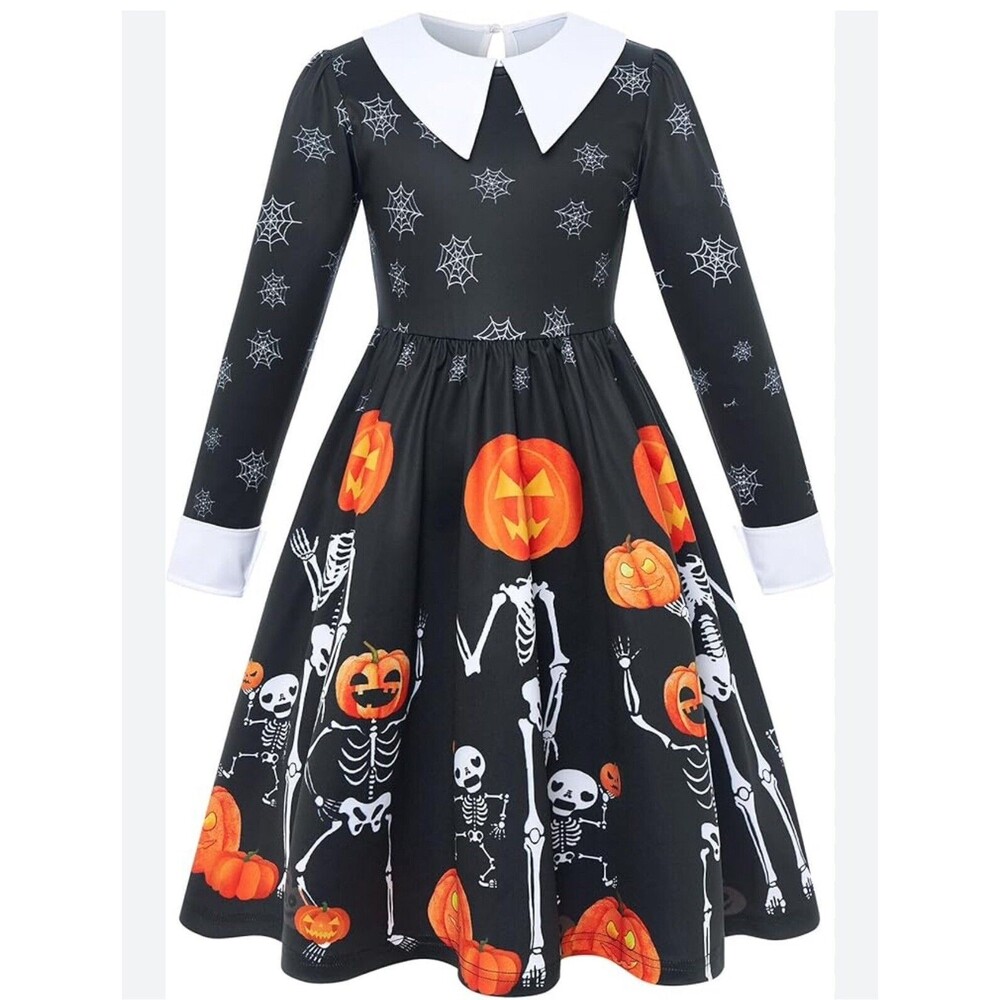 ALLIFly Girls Long Sleeve Peter Pan Collar Skeleton Halloween Dress Sz 10 New